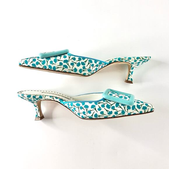 Manolo Blahnik Maysalebi Flower Print Pointed Toe Kitten Heel Mules Pumps 36 - Picture 5 of 8